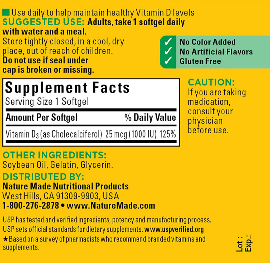Nature Made D3 1000 IU (25 mcg) 100 Tablets
