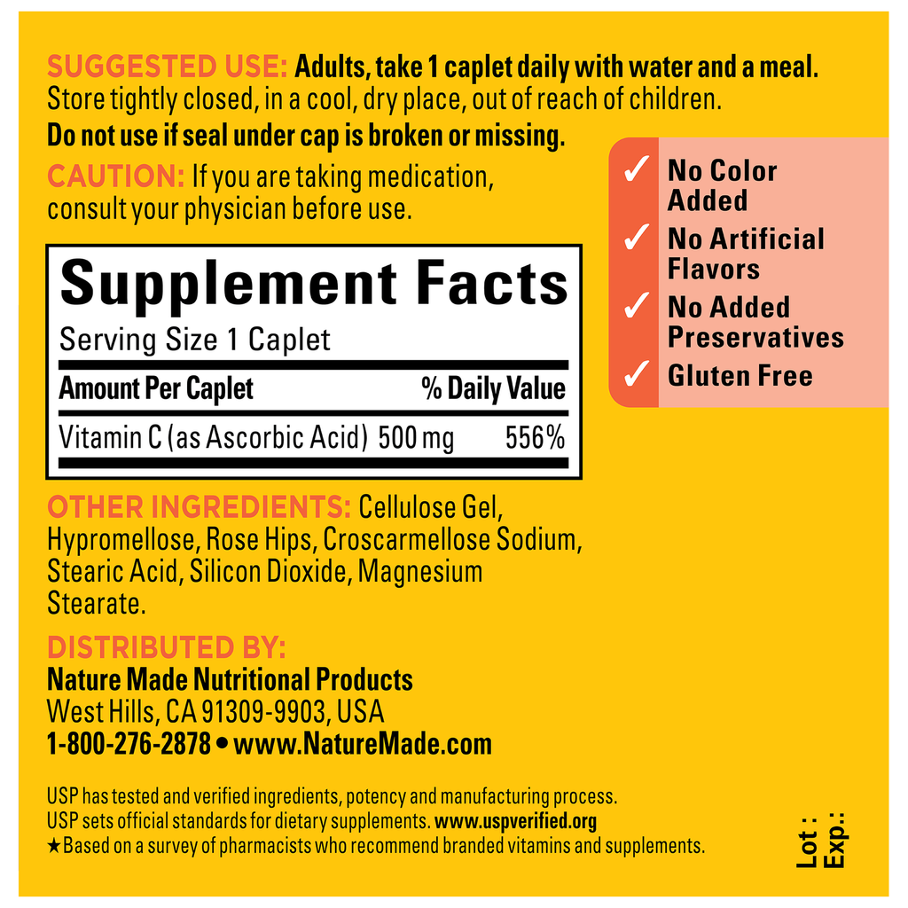 Nature Made C 500 mg With Rose Hips (Vitamina C y Rosa Mosqueta) 130 Cápsulas
