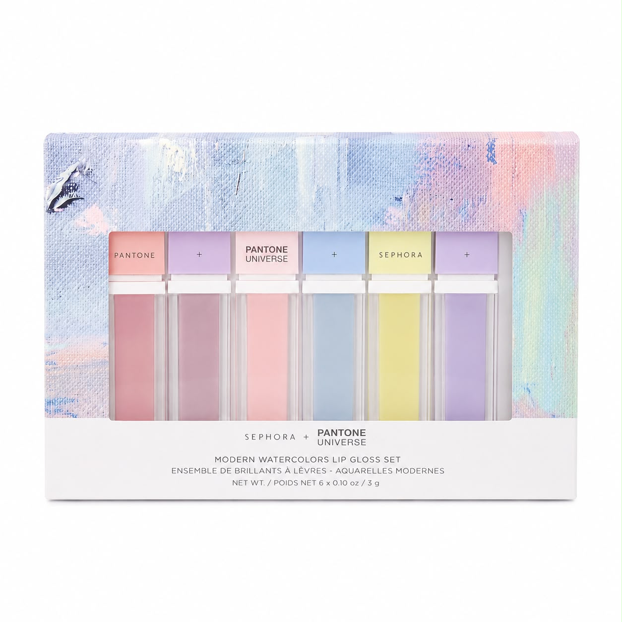 Sephora + PANTONE UNIVERSE TM Modern Watercolors Lip Gloss Set Net. Wt. 6 x 0.14 oz. / 4 g. Poids Net.